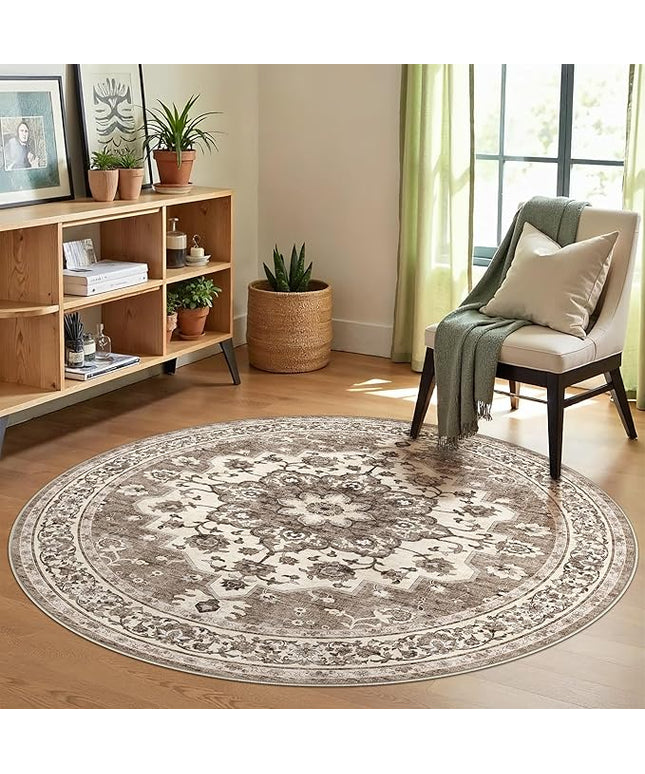 Washable Oriental Area Rug - 5ft Round Rugs for Living Room Soft Carpet for Bedroom Waterproof Floral Distressed Indoor Stain Resistant Non-Shedding Floor Carpets (Beige, 5ft-Round)