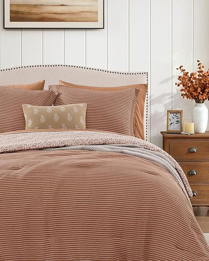 Full Comforter Set - 7 Pieces Autumn Leaf Gauze Muslin Bedding Sets for All Seasons, Lightweight Breathable Bed in a Bag Full with Revesible Farmhouse Comforter, Sheets, Pillowcases & Shams