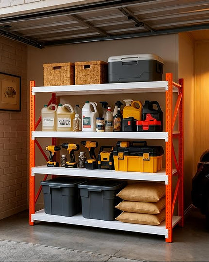 79" H Garage Shelving,3500LBS Heavy Duty Storage Rack,4 Tiers Metal Storage Rack Shelf, Adjustable Shelving Unit for Garage,Kitchen,Warehouse,Basement,78.7" H x 59" W x 19.6" D,Orange&White
