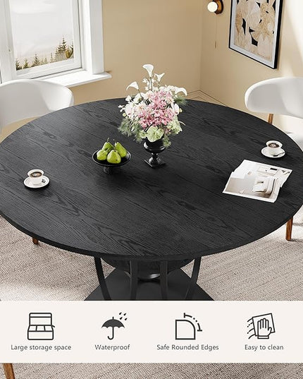 Round Dining Table for 4, 3-Tier Dinner Room Tables with Storage Shelf, Space Saving Small Kitchen Table, Farmhouse Dinner Table with Wooden Tabletop and Hexagonal Base (Black, 47inch)