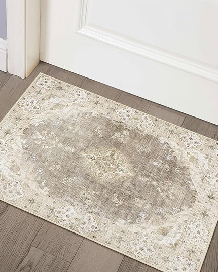 MUJOO Beige Rug 2'x3',Small Washable Area Rugs for Entryway Kitchen Bathroom Bedroom,Boho Vintage Bohemian Distressed Farmhouse Non Slip Carpet, Floral