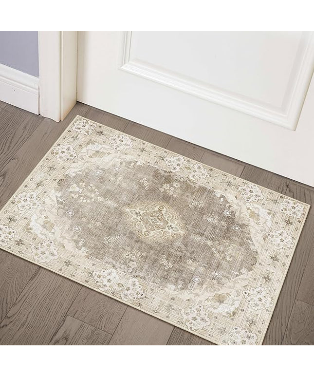 MUJOO Beige Rug 2'x3',Small Washable Area Rugs for Entryway Kitchen Bathroom Bedroom,Boho Vintage Bohemian Distressed Farmhouse Non Slip Carpet, Floral