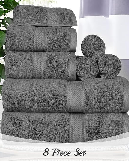 Superior Egyptian Cotton Pile 8 Piece Towel Set, Includes 2 Bath, 2 Hand, 4 Face Towels/Washcloths, Ultra Soft Luxury Towels, Thick Plush Essentials, Guest Bath, Spa, Hotel Bathroom, Charcoal