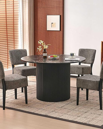 5-Piece Round Dining Table Set, Modern Kitchen Table Chairs Set of 4, Upholstered Dining Room Chairs with Thick Cushion&Solid Wood Legs for Living Room Apartment, Black Faux Marble Table&Grey