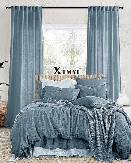 XTMYI Stone Blue Curtains 90 Inches Long for Living Room,Light Filtering Country Vintage Hooks Pleated Back Tab Semi Sheer Linen Curtains for Bedroom 2 Panels Set,Dusty Blue