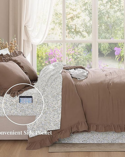King Comforter Set - 7 Pieces Ruffle Amber Brown Bedding Sets, Shabby Chic Farmhouse Bed in a Bag with Ruffle Comforter, Floral Sheets, Pillowcases & Shams