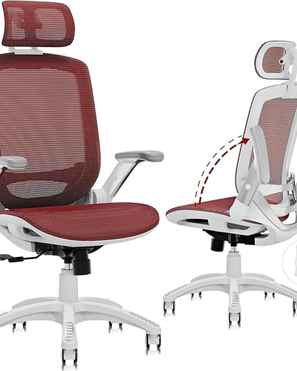 GABRYLLY Ergonomic Office Chair, High Back Home Desk Chair with Headrest, Flip-Up Arms, 90-120° Tilt Lock and Wide Cushion, 400LBS Mesh Chairs for Man Woman, White Task Chair(Red,GY01WR)