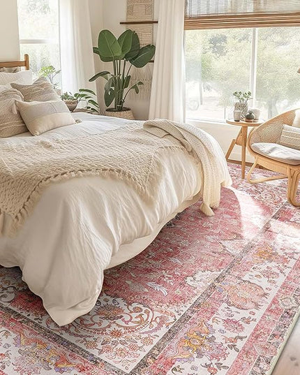 9'x12' Area Rugs Washable,Large Pink Rug for Living Room Bedroom Dining Room,Boho Vintage Bohemian Distressed Oriental Carpet Non Slip,Blush Floral Flowers