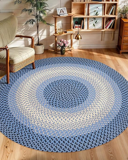 Tranquility TQ12 Blue 4' x 4' Round - Braided Area Rug, Home Decor, Floor Mat or Bedroom Rug - Easy Care, Ideal for High Traffic Areas in Hallway and Living Room - Made in USA
