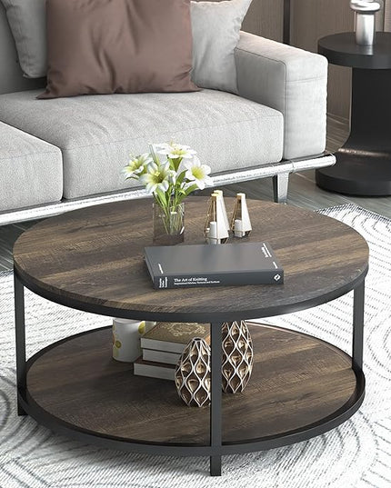 NSdirect 36 inches Round Coffee Table, Rustic Wooden Surface Top & Sturdy Metal Legs Industrial Sofa Table for Living Room Modern Design Home Furniture with Storage Open Shelf(Rustic Brown)