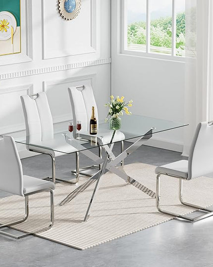 HomVent 5 Piece Rectangular Glass Dining Table Set, Rectangular Glass Kitchen Table Set for 4 with 4 PU Upholstered Dining Chairs for Kitchen Dining Room
