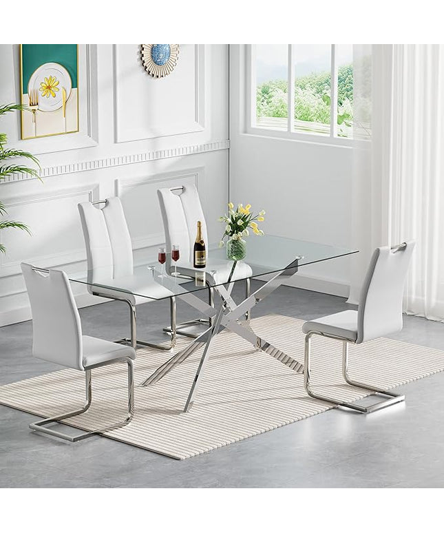 HomVent 5 Piece Rectangular Glass Dining Table Set, Rectangular Glass Kitchen Table Set for 4 with 4 PU Upholstered Dining Chairs for Kitchen Dining Room