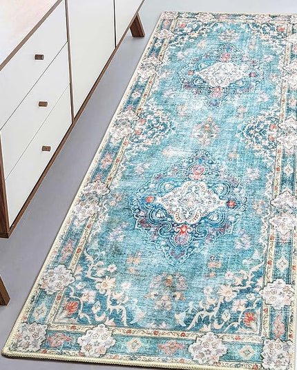 MUJOO Hallway Runner Rug - Machine Washable, Non Slip Boho Teal Rug for Hallways, Entryway, Kitchen, Bathroom, Bedside - Retro Soft Low-Pile 2'x6' Blue Blossom