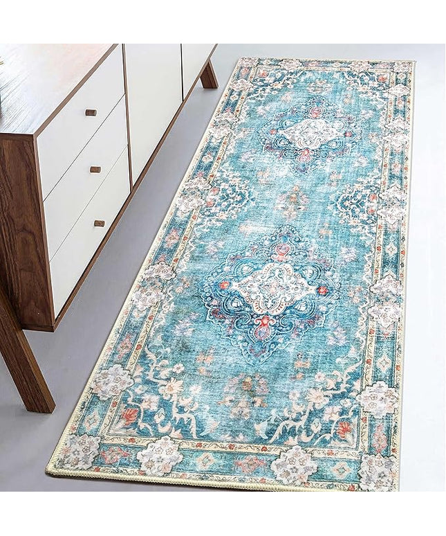 MUJOO Hallway Runner Rug - Machine Washable, Non Slip Boho Teal Rug for Hallways, Entryway, Kitchen, Bathroom, Bedside - Retro Soft Low-Pile 2'x6' Blue Blossom