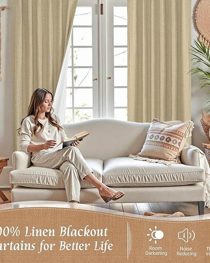 LAMIT Natural 100% Blackout Linen Curtains, 72 Inches Linen Textured Living Room Farmhouse Curtains Full Room Darkening Back Tab and Rod Pocket Burlap Panels with White Liner, 2 Panels, 52 x 72 Inch