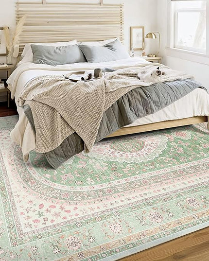 6x9 Area Rugs Washable,Green Rug for Living Room Bedroom Kitchen,Large Boho Vintage Bohemian Distressed Oriental Carpet Non Slip,Sage Blush Floral