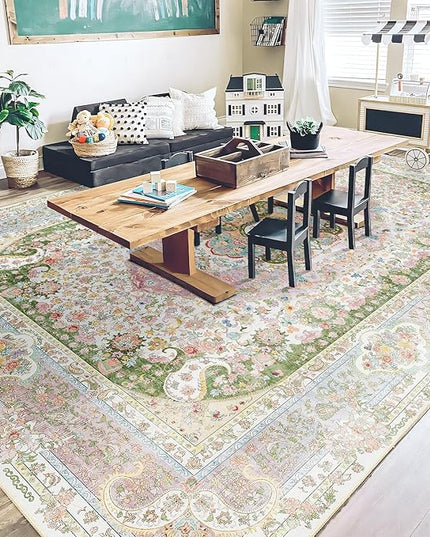 9x12 Area Rugs Washable,Pink Rug for Living Room Bedroom Dining Room,Large Boho Vintage Bohemian Distressed Carpet Non Slip,Blush Green