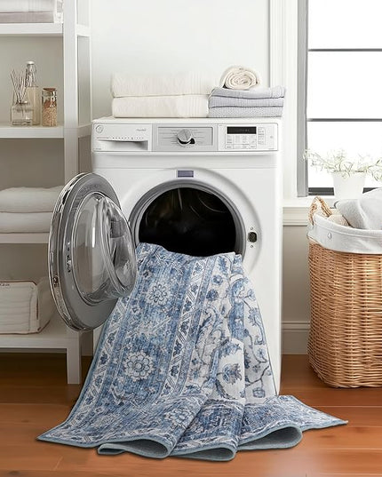ReaLife Rugs Machine Washable Area Rug Runner - Living Room Bedroom Bathroom Kitchen Entryway Office - Padded Low Pile Stain Resistant Premium - Boho Farmhouse Vintage - Joy - Blue Ivory 2'6" x 6'
