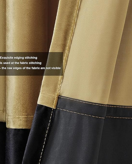 BULBUL Color Block Window Curtains Panels 120 inches Long Gold Black Velvet Farmhouse Drapes for Bedroom Living Room Darkening Treatment with Grommet Set of 2