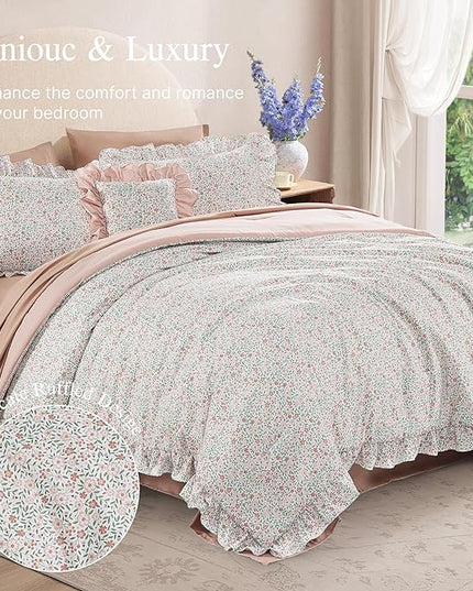 Full Comforter Set - 7 Pieces Ruffle Pink Ditzy Bedding Sets, Shabby Chic Farmhouse Bed in a Bag Full with Floral Comforter, Sheets, Pillowcases & Shams