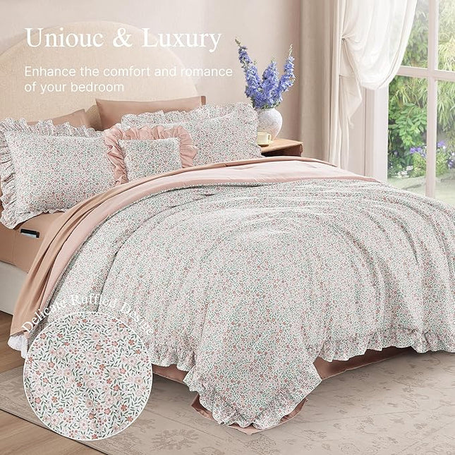 Twin XL Comforter Set - 5 Pieces Ruffle Pink Ditzy Bedding Sets, Shabby Chic Farmhouse Bed in a Bag Twin XL with Floral Comforter, Sheets, Pillowcase & Sham