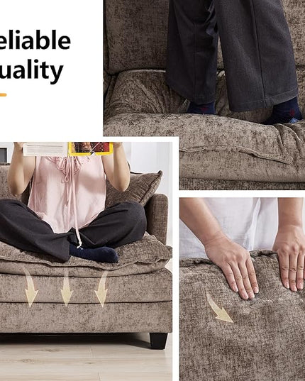 111'' Sectional Cloud Deep Seat Couch, Modern Comfy Chenille Modular Sectional Sofa for Living Room Set, Upholstered Modular 3-Seats Sofa Couch, Brown