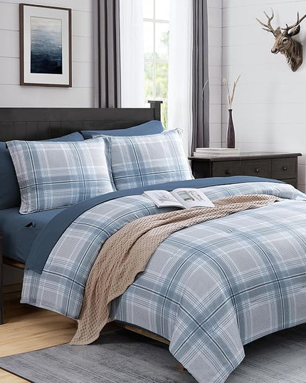 MaiRêve Plaid Full Comforter Sets, Light Blue Grid Farmhouse Bedding Set Bed in A Bag, Classic Checkered Comforter Sets with Fitted & Flat Sheet, Pillowcases & Shams(Light Blue, 80"x90")
