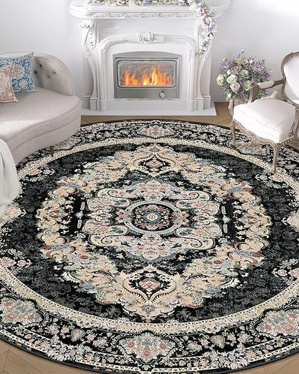 Black Round Rug 9ft,Large Circle Area Rugs for Bedroom Living Room Dining Room,Washable Boho Vintage Bohemian Distressed Oriental Carpet Non Slip,Floral