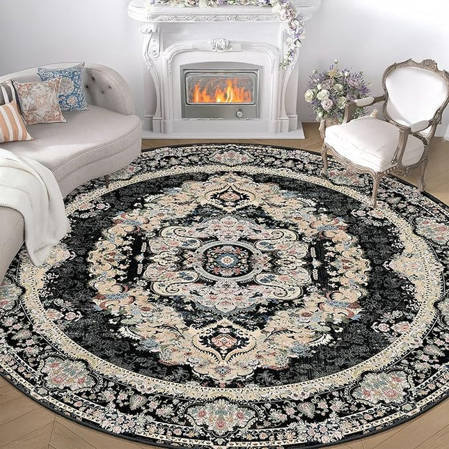Black Round Rug 9ft,Large Circle Area Rugs for Bedroom Living Room Dining Room,Washable Boho Vintage Bohemian Distressed Oriental Carpet Non Slip,Floral