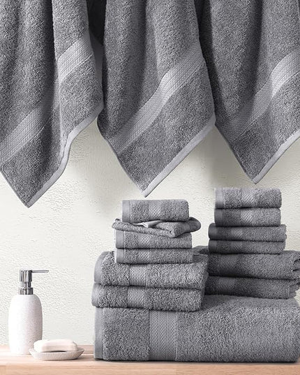 LANE LINEN 100% Cotton Luxury Bathroom Towel Set - 16 Pcs - Ring Spun, Quick Dry, Super Soft & Highly Absorbent - 4 Bath, 8 Washcloths, 4 Hand Towels - Pre Shrunk, Can be Used in Salon - Space Grey