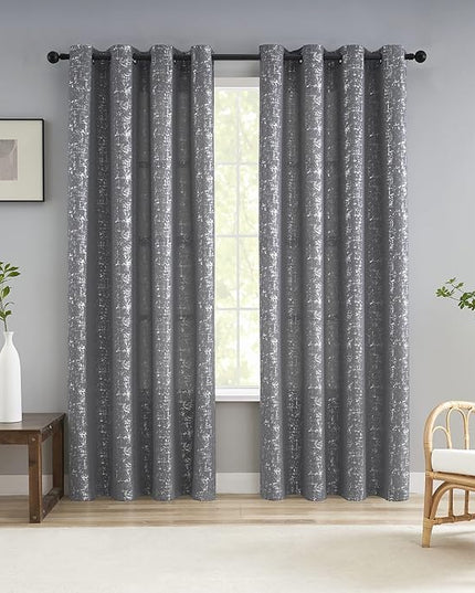 Taisier Home Soft Grey Silver Curtains 95 Inch - Light Filtering Geometric Dots Drapes, Set of 2 Silver Foil Print Linen Panels for Bedroom Living Room Windows