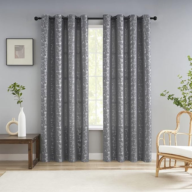 Taisier Home Soft Grey & Silver Geometric Dots Curtains 45" - Decorative Small Window Panels, Set of 2 Silver Foil Print Linen Textured Drapes for Kitchen Bathroom Nursery