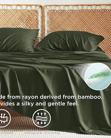 Bedsure Queen Sheet Set, Rayon Derived from Bamboo, Cooling Sheets, Breathable & Soft, Deep Pocket Up to 16 Inches, Hotel Luxury Silky Bedding for Hot Sleepers, Olive Green