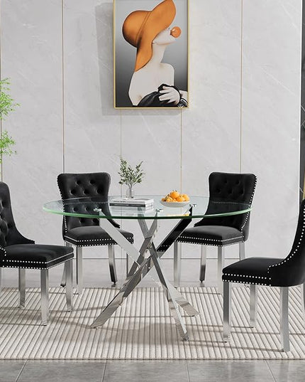 Round Glass Dining Table Set for 4, 47'' Clear Circular Kitchen Table and Chairs Set, 5PCS Modern Circle Dining Room Table Set with 4 Velvet Dining Chair for Home