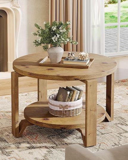 30" Solid Wood Coffee Table, Round Small Coffee Table with 2-Tier Storage for Living Room, Farmhouse Circle Center Accent, Brown Round Solid Wood with Natural Texture Design