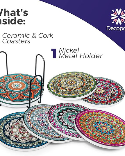 Mandala Drink Coasters with Holder - 8 Set Ceramic Boho Coaster for Drinks Absorbent with Cork Base and Black Holder - Coasters for Coffee Table Apartment Wooden Bar Mugs Glasses Cup Beer