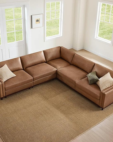 CHITA 114" Super Large Luxury V Shape Corner Sectional Modular Sofa, Down Filled Modern Sofa, Deep Seat Comfty Cloud Couch, 5 Seat Couch with Chaise, Solid Wood Leg, Faux Leather in Camel