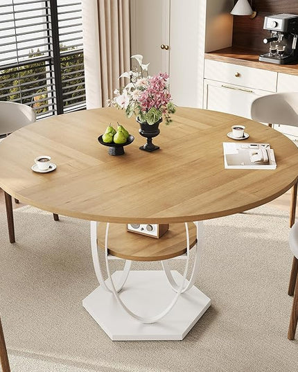Round Dining Table for 4, 3-Tier Dinner Room Tables with Storage Shelf, Space Saving Small Kitchen Table, Farmhouse Dinner Table with Wooden Tabletop and Hexagonal Base (Wood, 47inch)