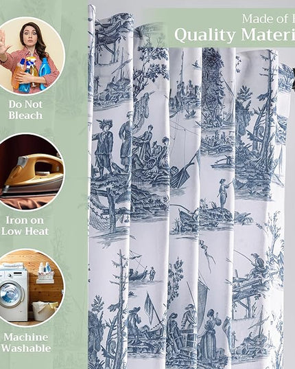 Maison d' Hermine Curtains for Living Room 100% Cotton 124 inch Length One Panel Light Filtering Toile Curtains for Bedroom with Rod and Loop Pockets (Calais Blue (White Background), 50" W x 124" L)