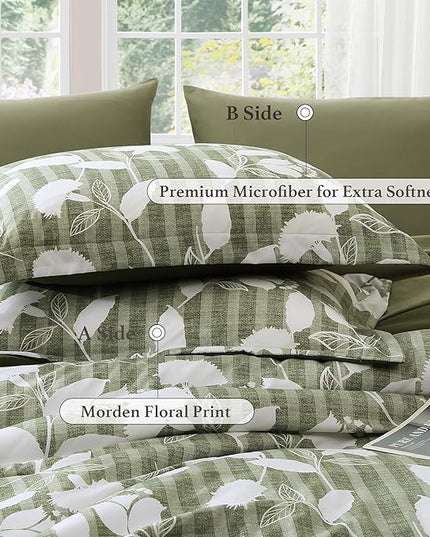 Full Comforter Set -7 Pieces Botanical Olive Green Comforter Set for All Seasons, Bed in a Bag Full with Flowers Floral Comforter, Sheets, Pillowcases & Shams