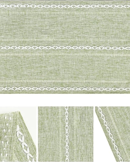 Artoid Mode Sage Green Rustic Cotton Linen Table Runner, Seasonal Embroidered Hollow Kitchen Dining Table Decoration for Home Party Decor 13x36 Inch