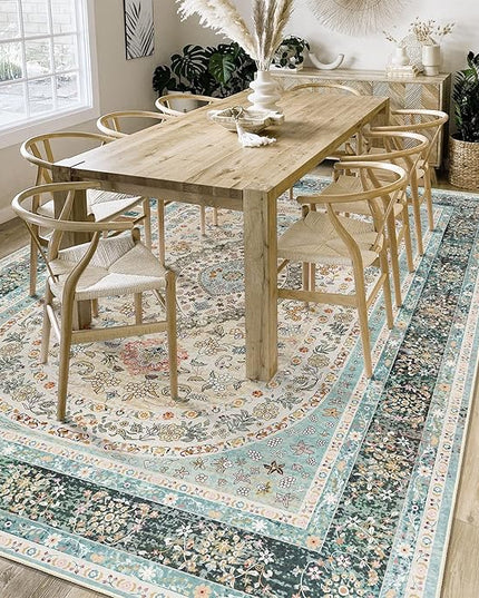 6x9 Area Rugs Washable,Blue Rug for Living Room Bedroom Kitchen,Large Boho Vintage Bohemian Distressed Oriental Carpet Non Slip,Floral
