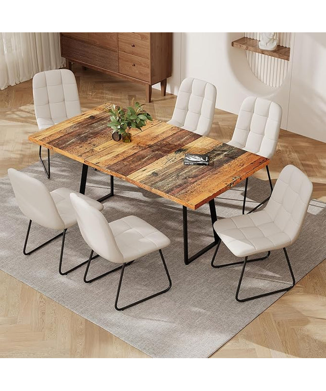 ZckyCine Extendable Dining Table Set 47"-63", Rustic Wood Table with 6 PU Leather Chairs, Modern Scandinavian Dining Room Furniture for Kitchen Apartment