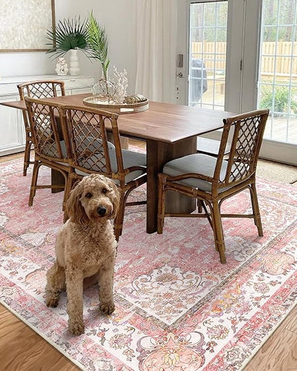 8'x10' Area Rugs Washable,Pink Rug for Living Room Bedroom Dining Room,Large Boho Vintage Bohemian Distressed Oriental Carpet Non Slip,Blush Floral Flowers
