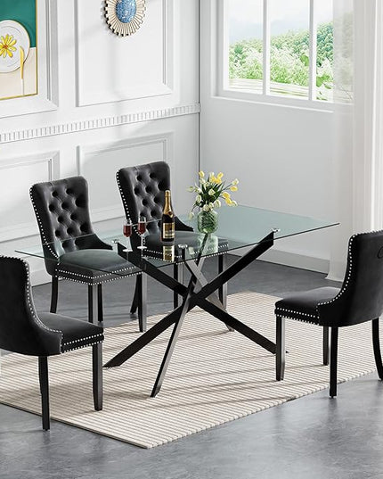 Modern 5-Piece Glass Dining Table Set for 4, Modern 60" Rectangle Black Glass Dining Room Table Set with Black Velvet Tufted Chairs Wood Legs for Kitchen Dining Room