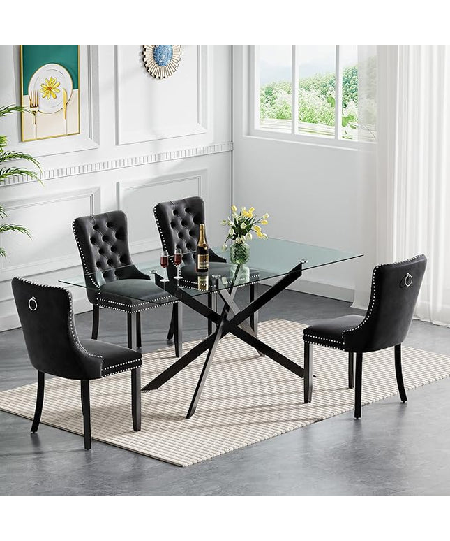 Modern 5-Piece Glass Dining Table Set for 4, Modern 60" Rectangle Black Glass Dining Room Table Set with Black Velvet Tufted Chairs Wood Legs for Kitchen Dining Room