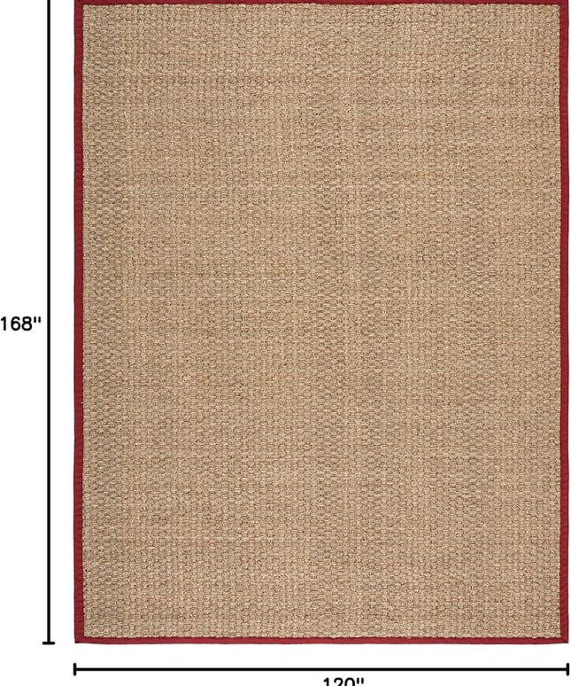 Safavieh Area Rug 10x14 - Natural Fiber Collection - Large - Natural & Red, Seagrass, Basketweave Pattern with Border (NF114D)