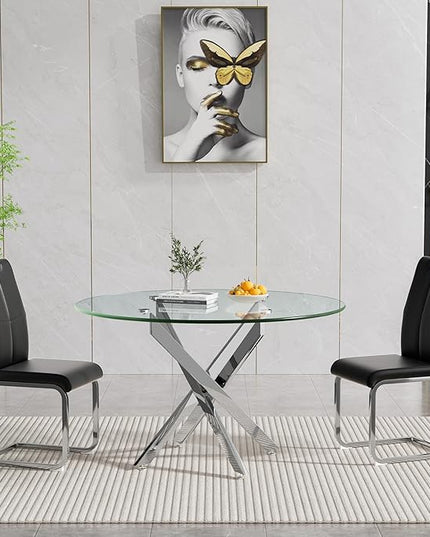 HomVent Round Glass Dining Table Set for 2, 3-Piece Modern Kitchen Table Set with 2 PU Upholstered Chair for Kitchen Dining Room, Glass Dining Room Table Set
