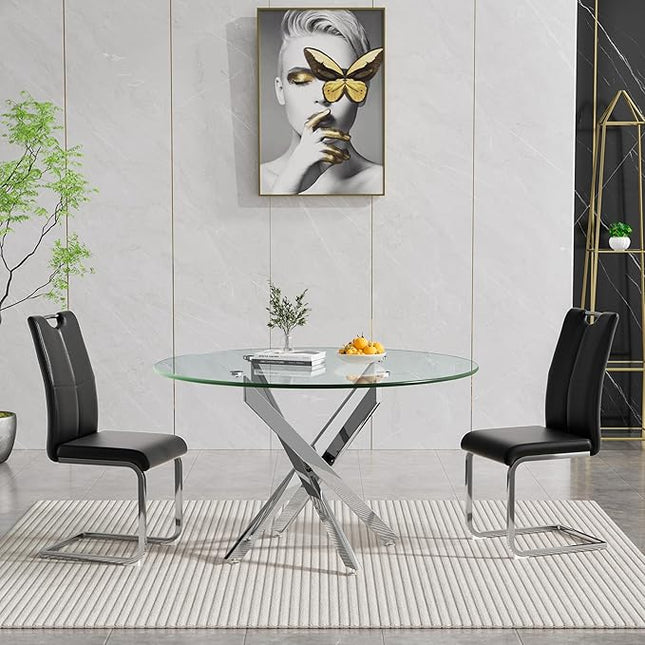 HomVent Round Glass Dining Table Set for 2, 3-Piece Modern Kitchen Table Set with 2 PU Upholstered Chair for Kitchen Dining Room, Glass Dining Room Table Set