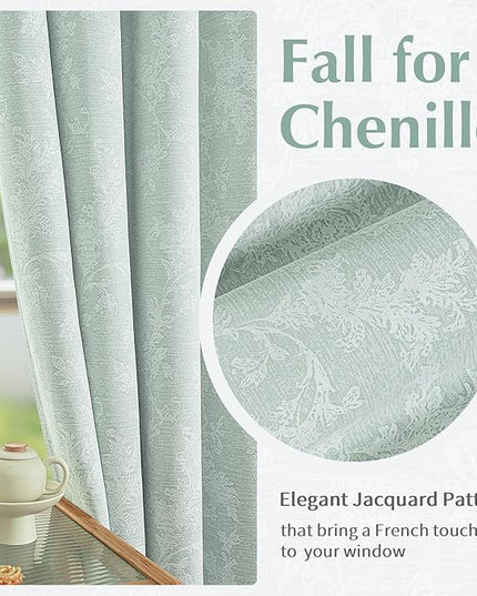 FMFUNCTEX Sage Green Floral Jacquard Blackout Curtains 96 Inches Long for Bedroom, Scroll Flower Chenille Farmhouse Curtain for Living Room Darkening Thermal Insulated Grommet Window Drapes 2 Panels
